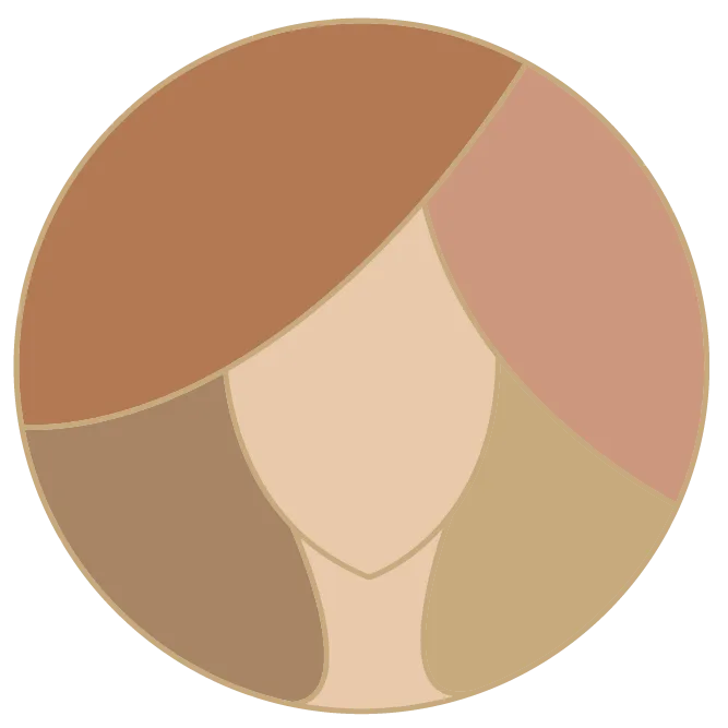 Logo circular en tonos tierra con silueta de mujer de frente y cabello abundante, formado por un patrón de formas orgánicas.
