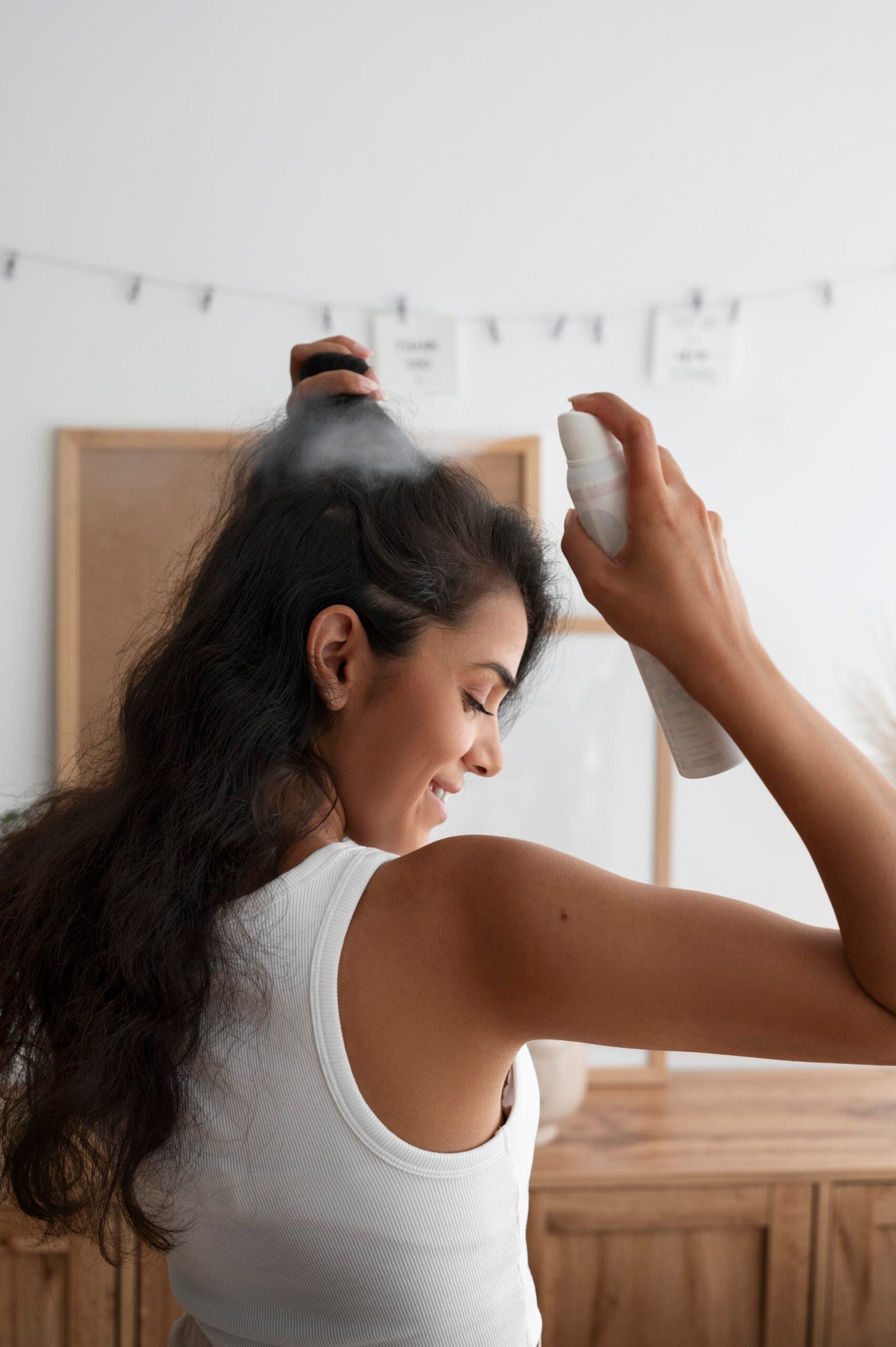 chica de piel morena, está sonriendo en su cuarto aplicándose un spray en el cabello 