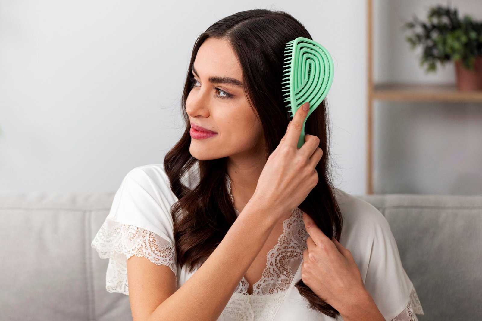 mujer feliz de cabello castaño usando su cepillo para desenredar su cabello