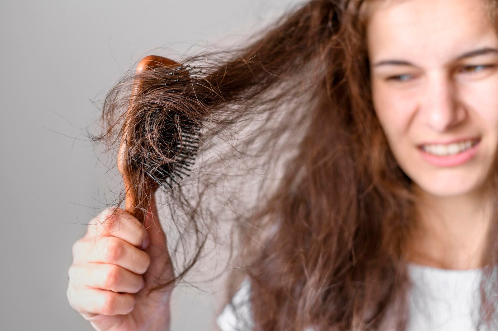 chica de tez clara molesta tratando de cepillar su cabello enredado y maltratado