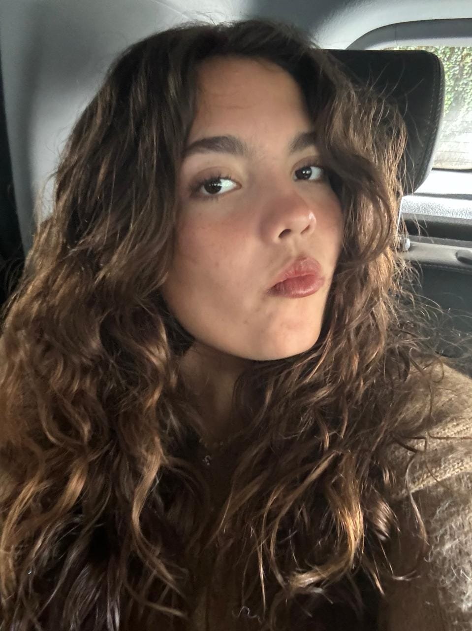 mujer con ondas tipo 2a, con mucho volumen y cabello esponjado, castaña con rayos dorados, cejas pobladas, facciones finitas y bonitas
